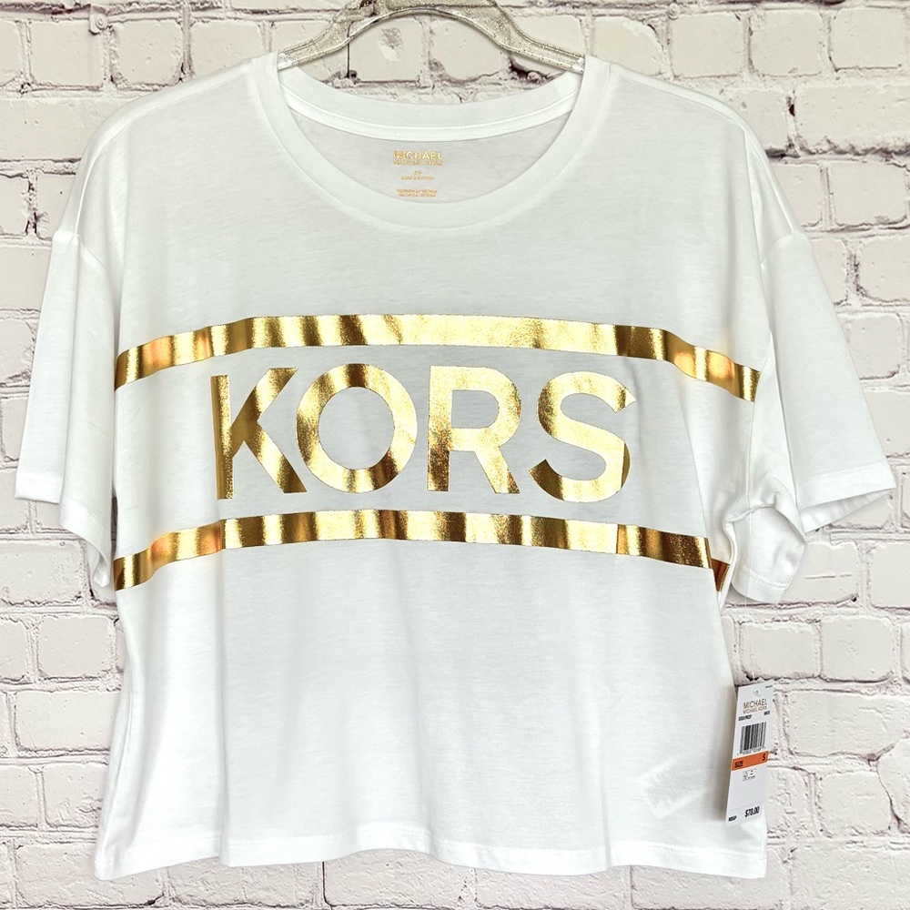 MICHAEL KORS White Gold Foil Cropped Short Sleeve Logo T-Shirt--NWT--S - Picture 11 of 15